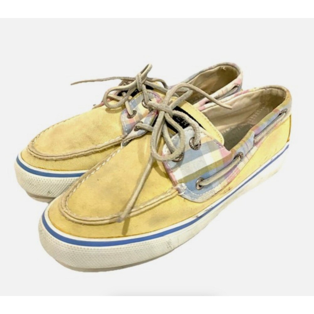 Sperry Top Sider Boat Shoes Womens 6 Yellow Plaid Canvas Lace Up Deck Preppy